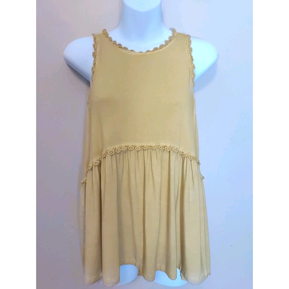 POL Women Gingko Yellow Ornate Trim Racerback Flowy Babydoll Tank Top Size S